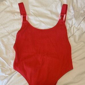 Aerie Red Ribbed Swimsuit with Pink Accents